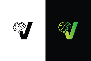 Initial letter V brain logo and icon vector illustration template design. Letter V Brain Idea Logo.
