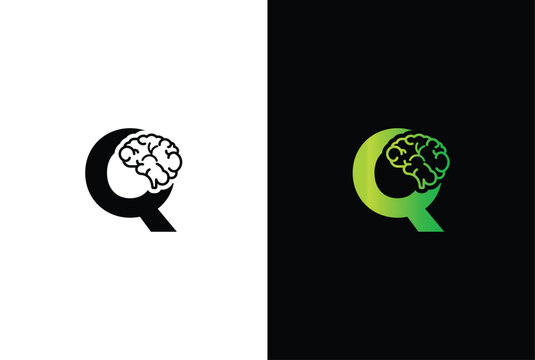 Initial letter Q brain logo and icon vector illustration template design. Letter Q Brain Idea Logo.