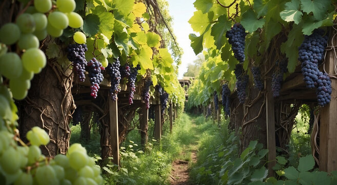 A lush, verdant forest filled with twisting vines and plump, juicy grapes waiting to be plucked - AI Generative