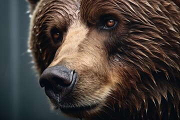 A close-up view of a brown bear's face. This image captures the details and expression of the bear. Suitable for wildlife enthusiasts, educational materials, or nature-themed designs