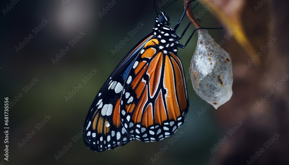 Poster Vibrant monarch butterfly wing showcases beauty in nature fragility generated by AI