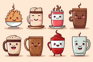 A group of coffees with different facial expressions. Perfect for illustrating emotions and adding a touch of personality to your projects - obrazy, fototapety, plakaty