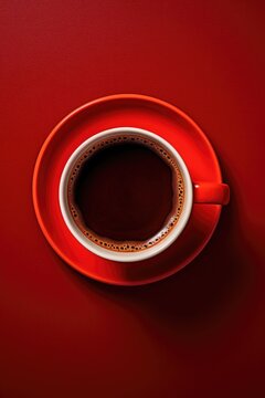 A simple and inviting image of a cup of coffee placed on a red table. Perfect for coffee shop promotions or illustrating a cozy morning routine