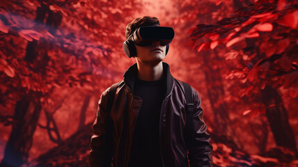 young guy wearing VR glasses in the autumn forest