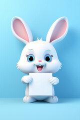 Cheerful Easter bunny with Easter egg. Holding a blank sheet of paper. Blue background, copy space.
