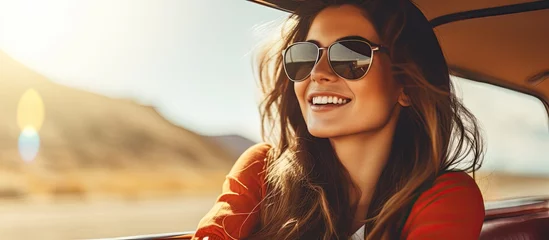Fotobehang A young, beautiful woman traveling for business on a winter road trip, smiled happily in her retro car, perfectly capturing the carefree and joyful spirit of her vacation lifestyle in a portrait that © 2rogan