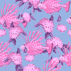 Fototapeta na wymiar Seamless pattern with sea fishes and flowers. Vector.