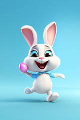 Joyful easter bunny with glasses and easter egg. Blue background, copy space.