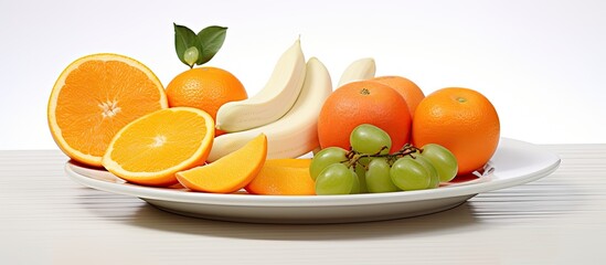 In a serene background of isolated nature, a white plate is adorned with a vibrant arrangement of orange and yellow fruits, showcasing a healthy and organic diet. The nutrition-packed fruits serve as