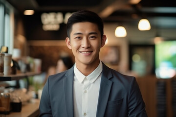 Professional man wearing suit standing in front of counter. This image can be used to depict customer service, business transactions, or professional setting