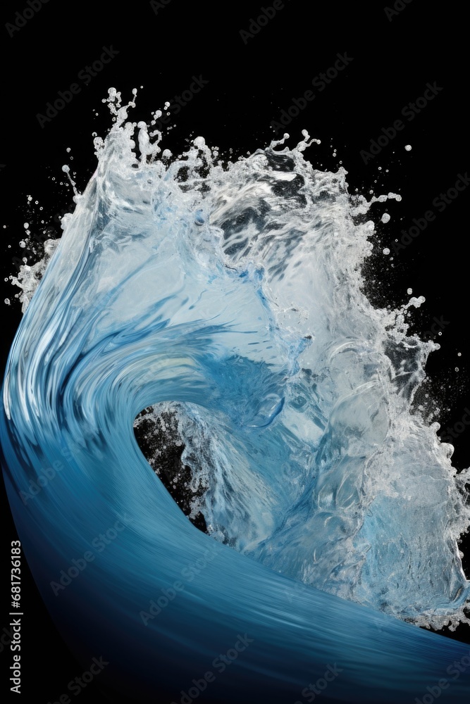 Poster a powerful blue wave crashes against a dark black background. this dynamic image captures the energy