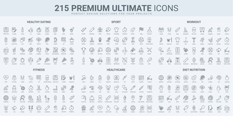 Healthy nutrition and diet, sports training in gym, medical care thin black line icons set vector illustration. Outline symbols of equipment for bodybuilding and exercises, calendar app pictograms - obrazy, fototapety, plakaty