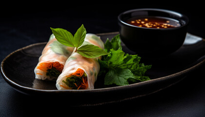 Fresh spring roll with pork and vegetables, served with sauce generated by AI