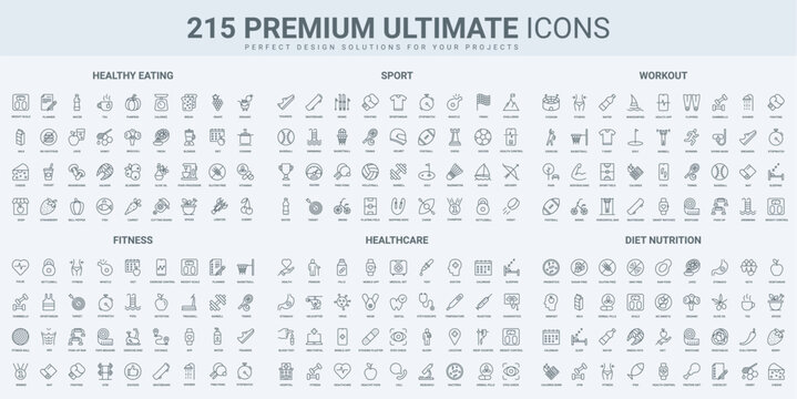 Healthy nutrition and diet, sports training in gym, medical care thin black line icons set vector illustration. Outline symbols of equipment for bodybuilding and exercises, calendar app pictograms