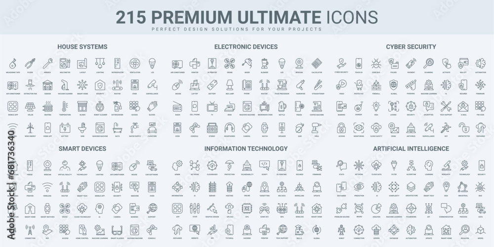 Aufkleber smart home system with electronic devices and appliances, ai thin black line icons set vector illust