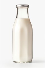 A clear glass bottle filled with fresh milk is placed on a clean white surface. This image can be used in various contexts such as food and beverage, dairy products, healthy lifestyle, and nutrition.