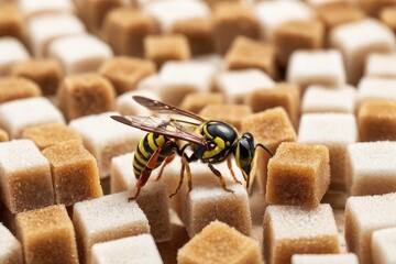 A bee sits on brown sugar cubes