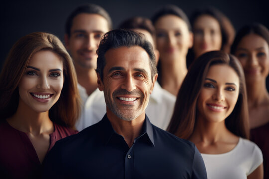 Man standing confidently in front of group of people. This image can be used to represent leadership, public speaking, teamwork, or business meeting
