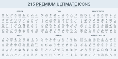 Eco farm, healthy active lifestyle and organic food menu thin black line icons set vector illustration. Outline symbols of chefs tools, utensil to cook in kitchen and apron, exercises, website service