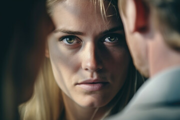 Fototapeta premium Woman looking at man. This picture can be used to depict various emotions, such as curiosity, attraction, or intense focus
