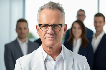 Man with glasses stands confidently in front of group of people. This image can be used to represent leadership, teamwork, or public speaking