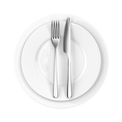 Fork and knife with plates. Serving table. Two empty dining plates. Png clipart isolated on transparent background