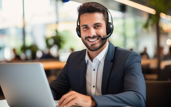 Man is working in the customer service. Business vibe