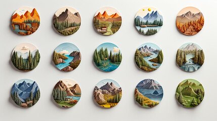 set of round icons with various landscapes - obrazy, fototapety, plakaty