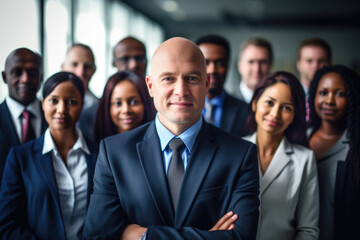 Obraz premium Professional man in suit and tie confidently stands in front of group of people. This image can be used to represent leadership, teamwork, or business presentations