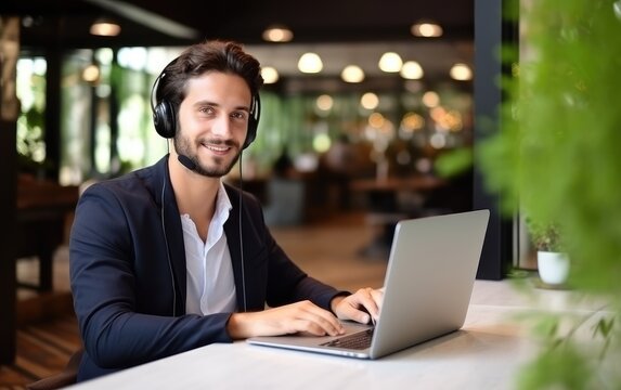 Man is working in the customer service. Business vibe