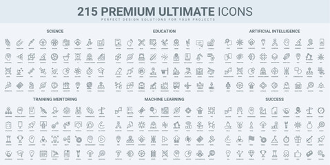 Science research and education, AI and machine learning thin black line icons set vector illustration. Outline symbols of digital technology, success of training and mentoring, robot equipment