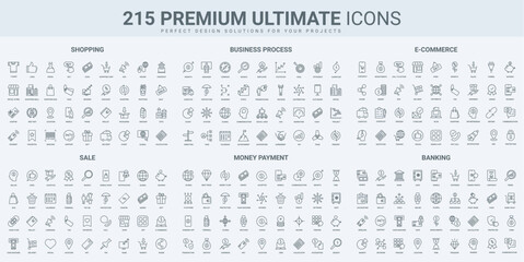 Money payment and income, discount and sales in retail store, ecommerce thin black line icons set vector illustration. Outline symbols of piggy bank, office work and online business marketing