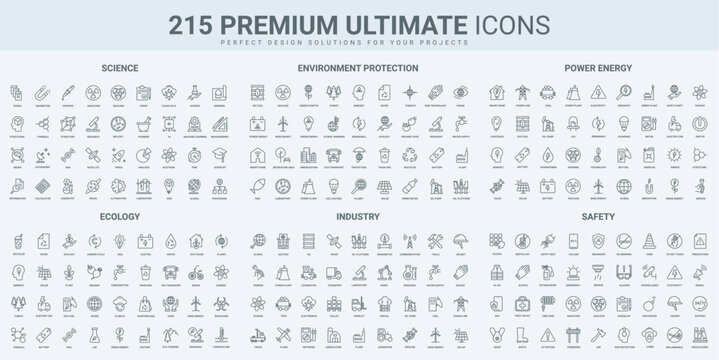 Environment protection, power industry thin black line icons set vector illustration. Outline symbols of science research in laboratory, green eco technology for ecology, renewable energy factory