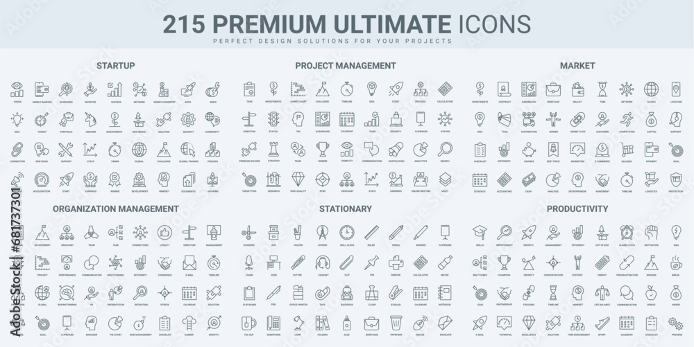 Aufkleber business startup and productivity, project management and organization thin black line icons set vec