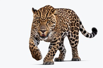 A majestic leopard walking gracefully across a white surface. This image can be used to depict the beauty and power of wildlife in its natural habitat