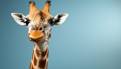 Cute giraffe looking at camera, nature adorable blue cartoon generated by AI