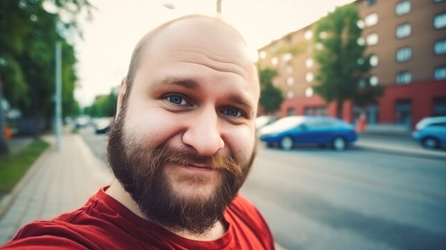 an ordinary slightly plump man making selfie outdoors. Portrait of a middle-aged happy guy on the street