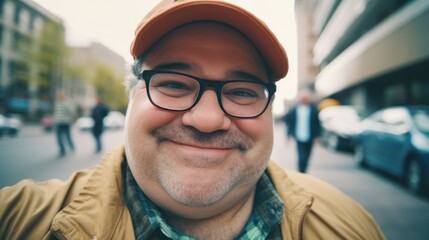 an ordinary slightly plump man making selfie outdoors. Portrait of a middle-aged happy guy on the street - obrazy, fototapety, plakaty