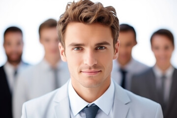 Professional man wearing suit and tie stands confidently in front of group of men. This image is perfect for illustrating leadership, team management, and business meetings