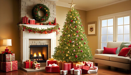 Christmas Living room: Fireplace, Christmas Tree, and Festive Gift, Merry Christmass