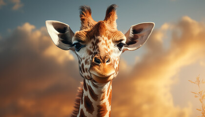 Fototapeta premium Giraffe standing in grass, looking at camera in Africa generated by AI