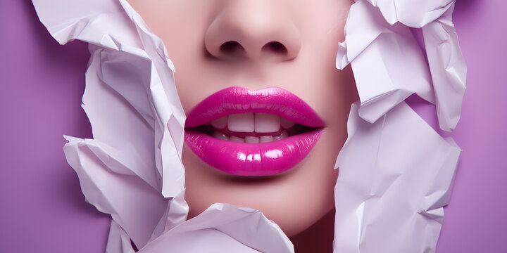 Female Lips with Purple Lipstick Emerging Behind a Purple Paper Wall - A Sensual Image Conveying Mystery and Elegance