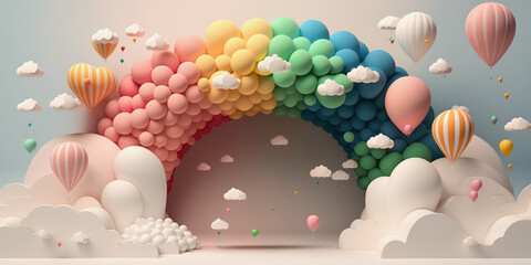 Fototapeta na wymiar illustration of abstract 3d rainbow with clouds and colorful balloons