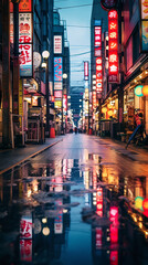 A bustling Tokyo street at night, neon signs illuminating the cityscape, rain-soaked pavement...