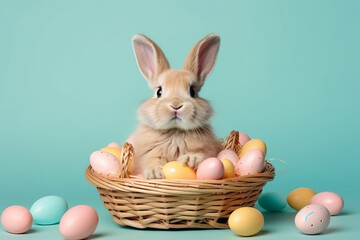 A cheerful Easter bunny holding a basket of eggs