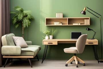 Modern home office with wooden desk and office chair against of green wall. Scandinavian interior design of modern living room with comfortable workplace, Generative AI