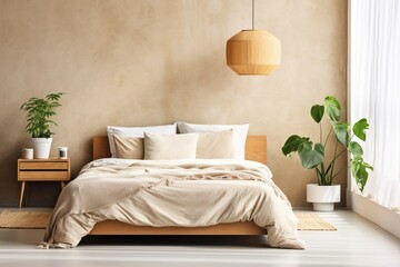 Scandinavian style interior design of modern bedroom with beige stucco wall with copy space, Generative AI