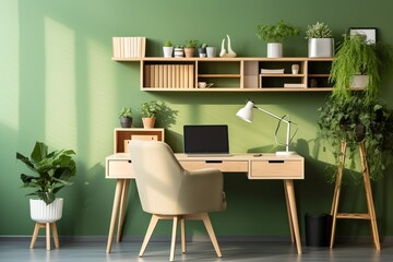 Modern home office with wooden desk and office chair against of green wall with shelf. Scandinavian interior design of modern living room with comfortable workplace-edit, Generative AI
