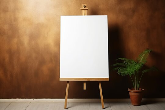 Wooden easel with white blank canvas with copy space against brown venetian stucco wall. Home interior design of modern living room, Generative AI