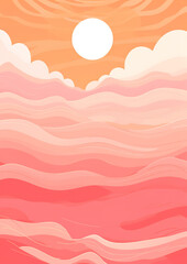 A pink painting with an orange sun, in the style of marine biology-inspired, minimalist line art